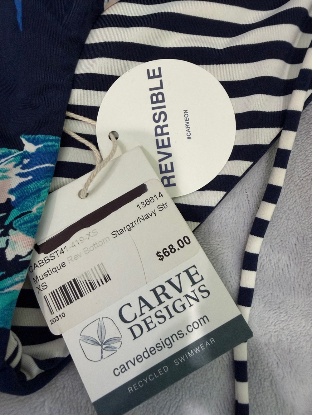 Carve Designs Navy Stripe & Teal Floral Reversible Mustique Bikini Bottom XS - Picture 2 of 7